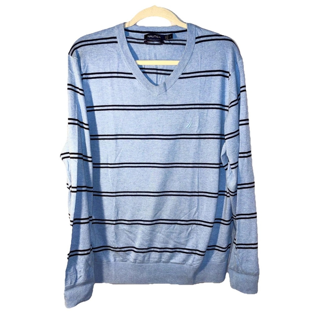 Nautica Sweater Mens Large Striped V Neck Pullover Performance Luxury Knit